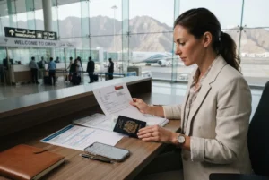 Traveller preparing documents for entry into Oman