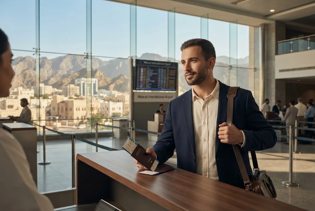 Oman visa for GCC residents with a traveler preparing documents for entry to Oman