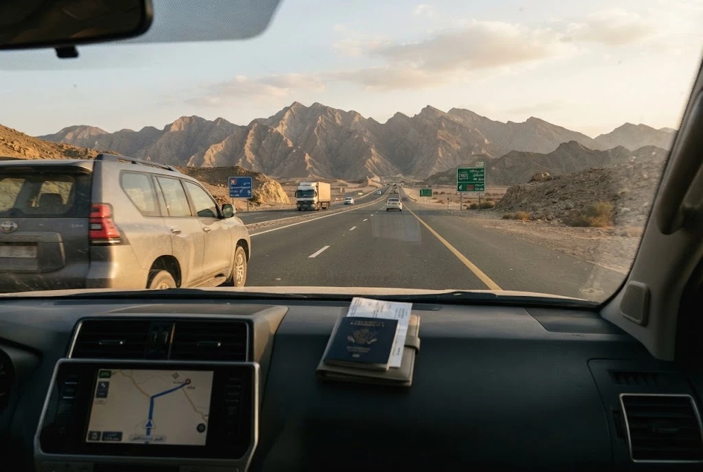 Car travelling from the UAE to Oman through an Omani mountain road